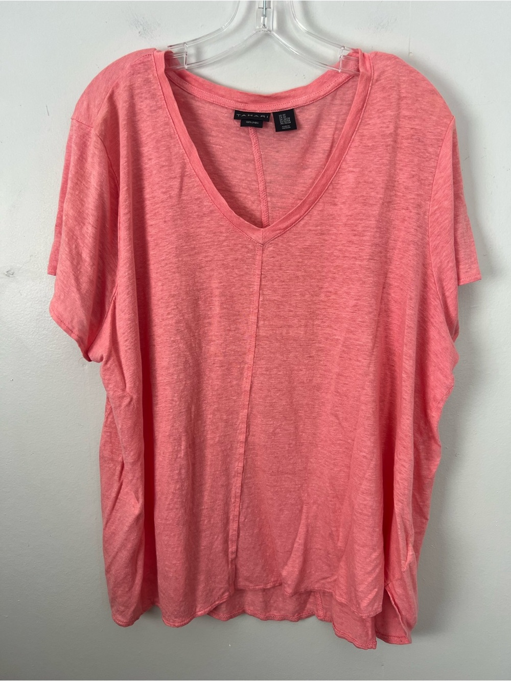 Tahari 100% Linen Coral V Neck Short Sleeve Tee